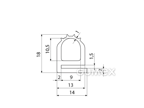 Silikonový profil tvaru "e" s dutinkou a výstupky, 18x14/1,5mm, 60°ShA, -60°C/+180°C, transparentní